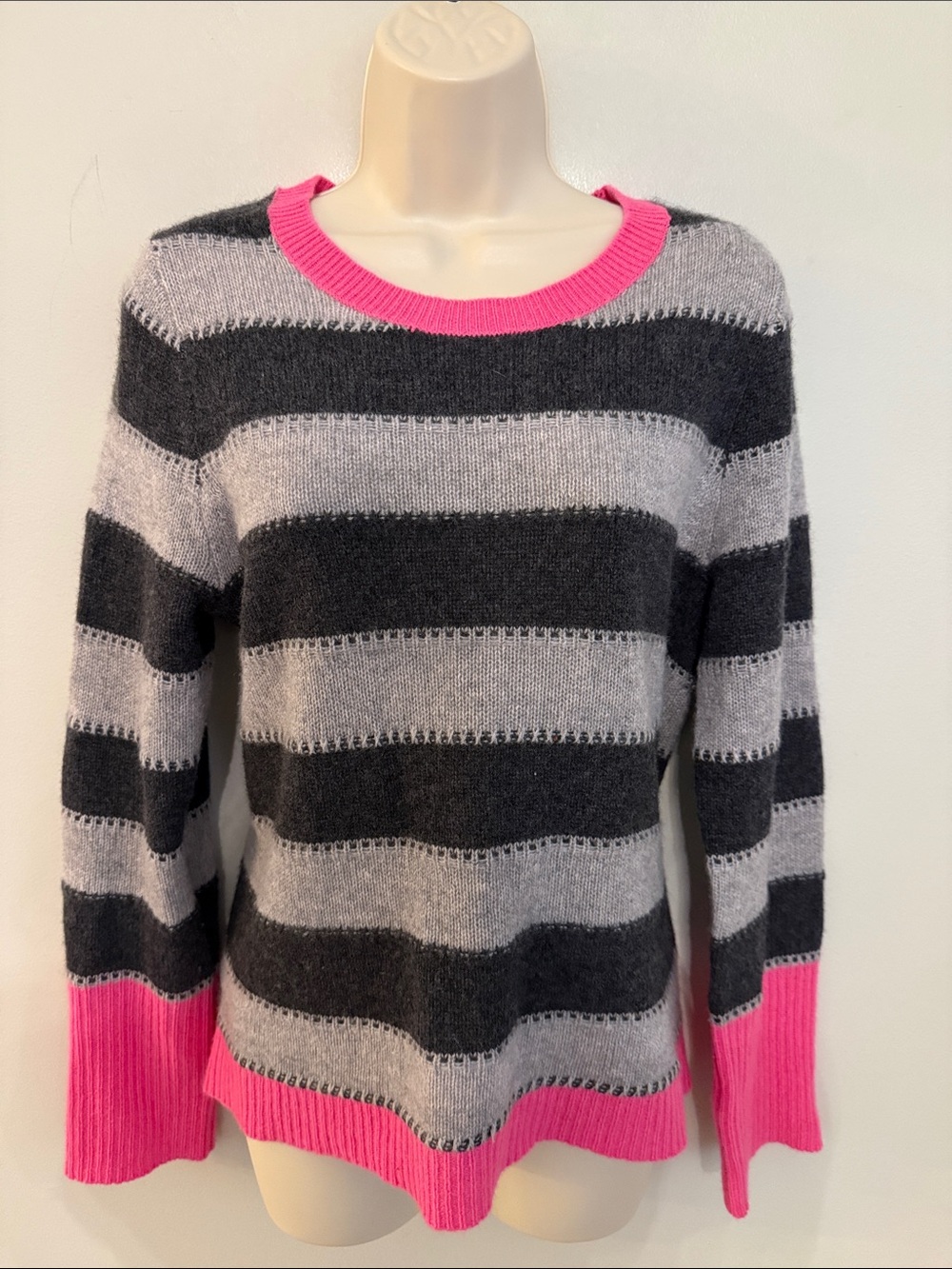 White + Warren Striped Crewneck Sweater in Gray, Black & Pink